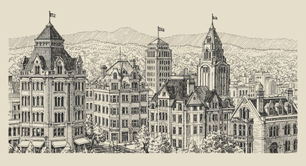 Fototapeta premium Detailed Pen and Ink Drawing of a Historic City Skyline with Mountains.