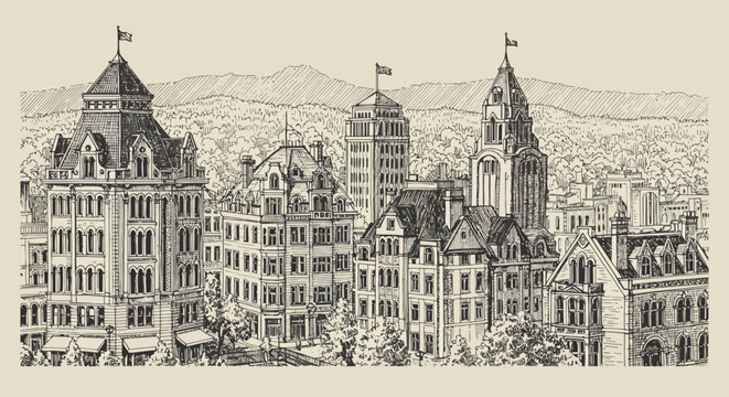 Detailed Pen and Ink Drawing of a Historic City Skyline with Mountains.