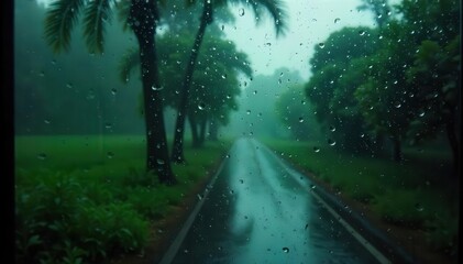 Obraz premium Dark and moody image of rainy day with water droplets on windows, blurred background of lush greenery outside , reflection, window