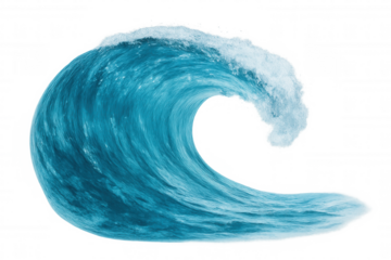 Powerful turquoise ocean wave breaking with white foam and splashing water, isolated on transparent background