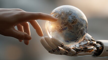 a human hand carefully touching a glowing, semi-transparent glass globe in a robotic hand