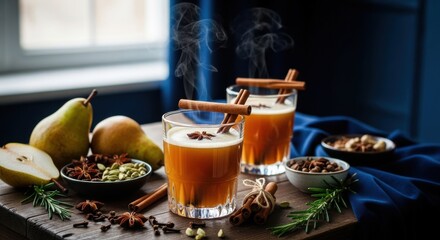 A steaming cup of warm winter drink with whipped cream and cinnamon, surrounded by festive decorations including pine branches and dried orange slices, with a sign reading 'Warmest Winter Drinks'.