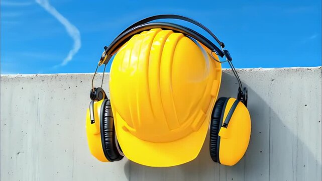 Yellow safety helmet with earmuff hearing protection hanging concrete wall blue sky construction gear workplace safety protective equipment yellow hard hat ear protection hangs concrete barrier