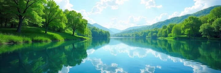 Serene nature scene with calming water reflecting blue sky and green trees, promoting relaxation and peace, blue sky, sunrise