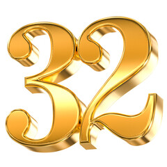 Shimmering 3D gold number thirty-two, elegantly crafted for celebrating milestones, achievements, and significant events with opulent appeal.