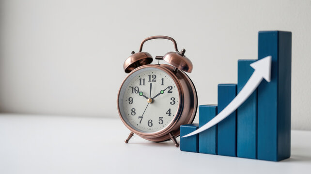 Alarm clock with a rising bar graph and arrow, symbolizing time management, growth, progress, and the importance of deadlines