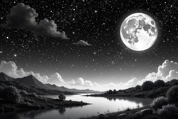 Fototapeta premium A serene black and white drawing of the night sky with a magnificent moon and countless stars, perfect for backgrounds or wall art , wall art, majestic