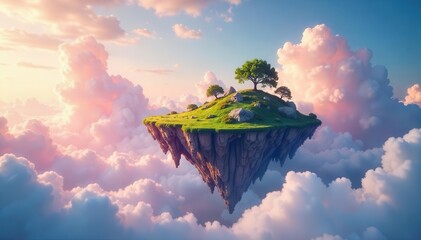 A surreal dream concept featuring a floating island surrounded by fluffy clouds in a vibrant fantasy sky , concept, abstract