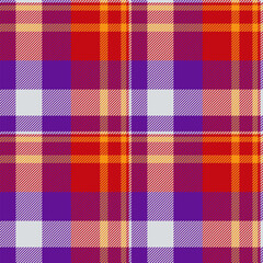 Vibrant tartan plaid pattern in red, purple, orange and gray. Ideal for textile designs, backgrounds, or representing heritage and traditional aesthetics.