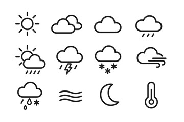 Weather icon set vector collection, climate symbols for forecasting, meteorology, sunny, cloudy, rain, thunderstorm, snow, wind, fog, moon, temperature, transparent background, organized icons