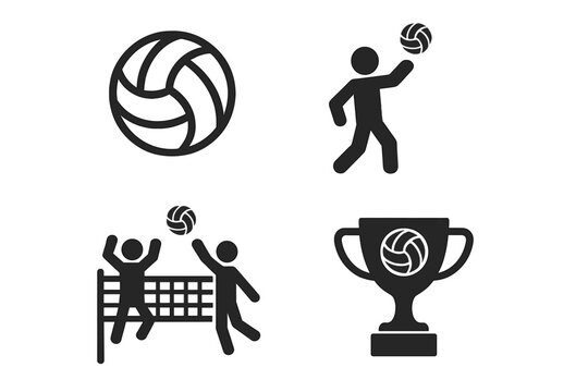 Volleyball sport icons set. Vector illustration of volleyball ball, player serving and attacking, game with net, and trophy cup with volleyball emblem, competition and tournament symbols