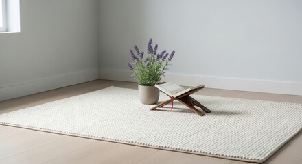Open book on wooden stand next to potted lavender plant on cream rug rehal Quran