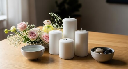 White pillar candles and pink roses arranged on a wooden table with bowls of water and stones white candles