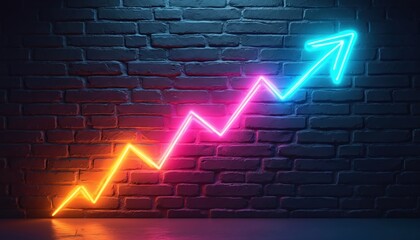 Neon arrow graph displays upward trend on dark brick wall. Bright colorful lights show rising data, success, and positive movement. Modern symbol for growth and business.