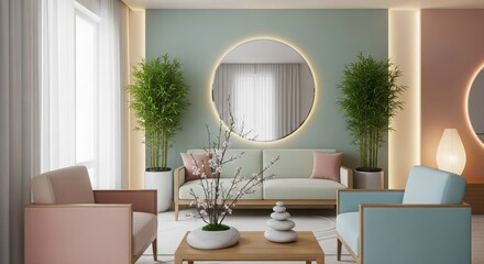 Serene living room with pastel furniture bamboo plants and circular mirror interior sofa
