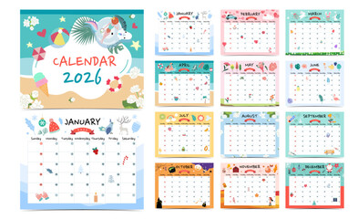 2026 table calendar week start on Sunday with holiday theme that use for horizontal digital and printable letter size