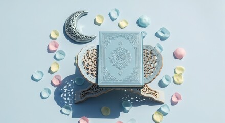 Light blue Quran on wooden stand with crescent moon and pastel petals Islamic book Holy book