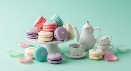 Pastel macarons and white tea set with gold trim on a mint green background pink purple