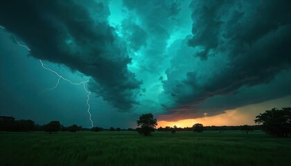 Lightning strikes above green field. Stormy weather with heavy clouds creates dramatic sky. Horizon and trees are silhouetted. Turquoise clouds are beautiful and dangerous. Element of power nature.