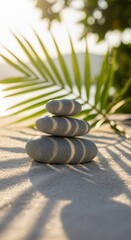 Stacked gray stones on sand with palm frond shadows and bokeh stacked stones zen stones