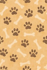 Fototapeta premium A seamless pattern of brown dog paw prints and cream-colored dog bones on a textured tan background.