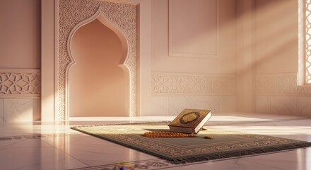 Islamic prayer rug with Quran and prayer beads in a room with ornate archway and sunlight rosary