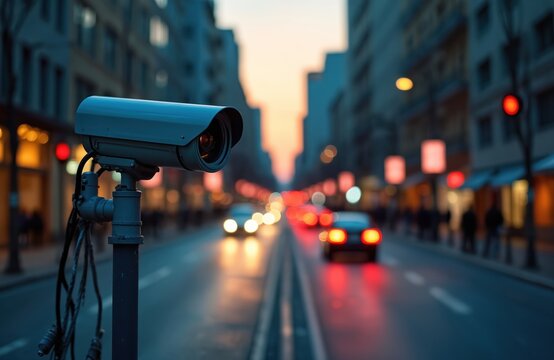 Security camera monitors busy city street at dusk. Cars drive with glowing lights. Pedestrians walk on sidewalks. Buildings bright windows. Urban tech keeps watch over traffic, daily life movement in