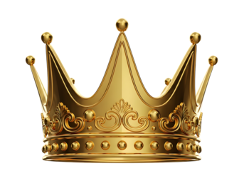 A regal golden crown with intricate details and ornate embellishments isolated on transparent background