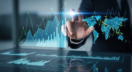 Business professional interacting with a futuristic holographic global data display