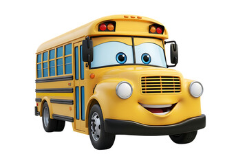 A cheerful cartoon yellow school bus with a friendly face and big blue eyes isolated on transparent background