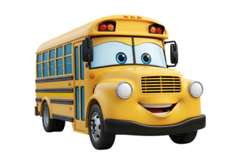 A cheerful cartoon yellow school bus with a friendly face and big blue eyes isolated on transparent background