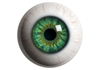 Close up of a realistic human eyeball with green iris and detailed sclera isolated on transparent background