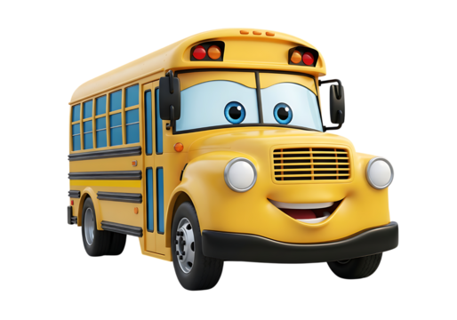 A cheerful cartoon yellow school bus with a friendly face and big blue eyes isolated on transparent background