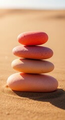 Stacked smooth pebbles in warm sunset light on sandy beach stacked stones pebble stack