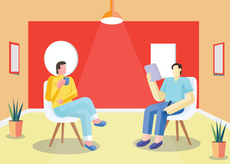 Vector illustration of Two People Sitting and Talking in a Modern Living Room