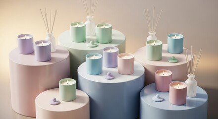 Collection of pastel colored scented candles and diffusers arranged on display pedestals reed diffuser