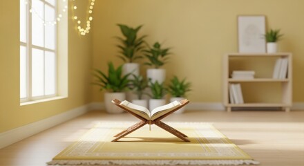 Open holy book on wooden stand on yellow rug in sunlit room with plants and string lights Quran open book