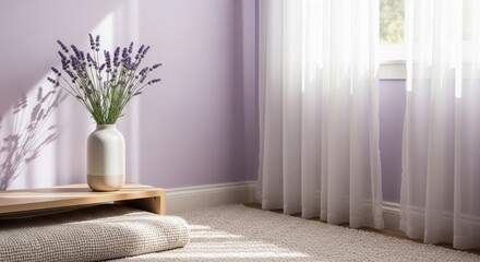 Lavender in a vase on a wooden stand with sheer curtains and sunlight flowers bouquet