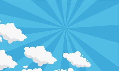 Blue sky background with clouds and sunburst pattern giving fresh energetic mood.