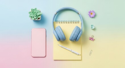 Pastel desk flat lay with blue headphones pink phone yellow notepad and succulent plant image