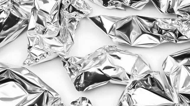 Crumpled silver foil wrapper on white backdrop for various creative projects