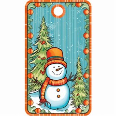 A cheerful cartoon snowman with an orange hat and scarf, surrounded by Christmas trees and ornaments, creating a festive winter scene.