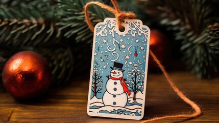 Festive winter gift tag featuring a snowman with a red scarf, surrounded by snowy trees and stars.