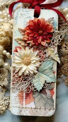 A beautiful art tag featuring red and cream flowers with detailed leaf accents, tied with a red ribbon, exuding a vintage charm.