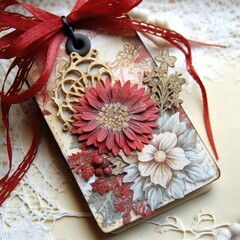 A beautifully crafted decorative tag featuring floral elements and a vibrant red bow, perfect for gifts or crafts.
