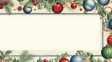 A festive border featuring holly, ornaments, and candy canes, perfect for holiday greetings.