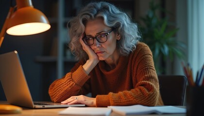 Worried mature woman sits at laptop in home. She feels stressed, tired. Senior worker wears glasses. Female freelancer works online, looks sad, concerned in solitude. Lamp illuminates desk light.