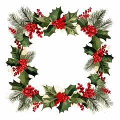 A festive, botanical wreath featuring vibrant red berries and lush green holly leaves, perfect for holiday decorations.