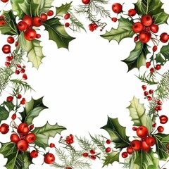 A vibrant holiday frame featuring lush green holly leaves and bright red berries.