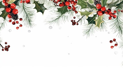 A festive winter border featuring holly, red berries, and pine branches against a white background.